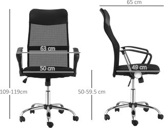 Silla Ergonomica De Oficina Giratoria Y Balanceo Con Ruedas, Altura Regulable Y Respaldo De Malla, 63X65X109-119 Cm, Negro