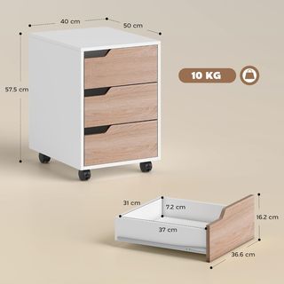Archivador De Oficina Portadocumentos De 3 Cajones Con Manijas Retráctiles, Armario De Oficina Con 4 Ruedas En Madera Y Metal, 40X50X57.5 Cm, Madera Y Blanco