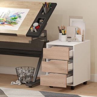 Archivador De Oficina Portadocumentos De 3 Cajones Con Manijas Retráctiles, Armario De Oficina Con 4 Ruedas En Madera Y Metal, 40X50X57.5 Cm, Madera Y Blanco