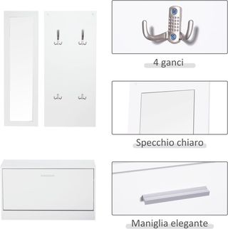 Juego de Muebles de Entrada 3 Piezas con Banco Zapatero, Perchero de Pared y Espejo, Armario para Dormitorio y Pasillo de Madera, 80X27X46.5 Cm, Blanco