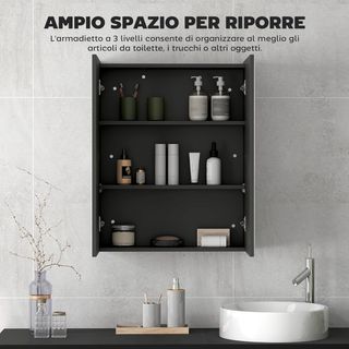 Armario Colgante De Baño Con Dos Puertas Y Espejo Y 2 Estantes Internos, Mueble De Baño Con Espejo Y Cierre Suave en MDF, 60X15X75 Cm, Negro