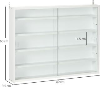Vetrina espositiva a parete con 4 ripiani regolabili, vetrinetta per collezionismo, espositore a parete per oggetti da collezione, in vetro e truciolato, 80X9.5X60 cm, bianco