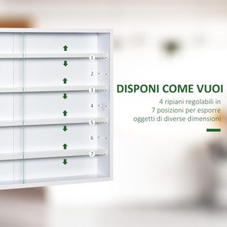 Vetrina espositiva a parete con 4 ripiani regolabili, vetrinetta per collezionismo, espositore a parete per oggetti da collezione, in vetro e truciolato, 80X9.5X60 cm, bianco
