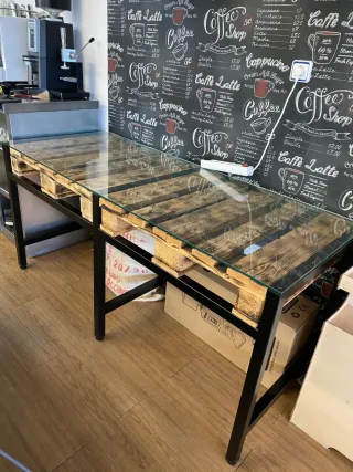 Mesa única madera, metal y cristal