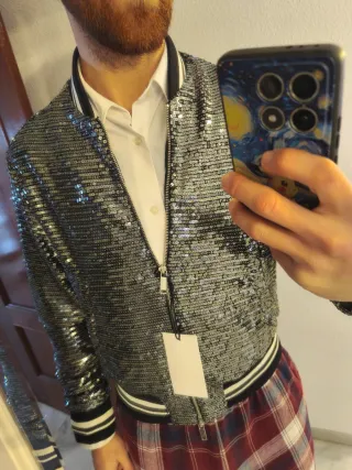 Chaqueta Zara Bomber Negra y Plateada