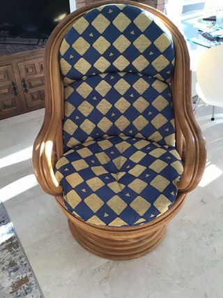 2 x Blue & Gold Rattan Swivel Chairs