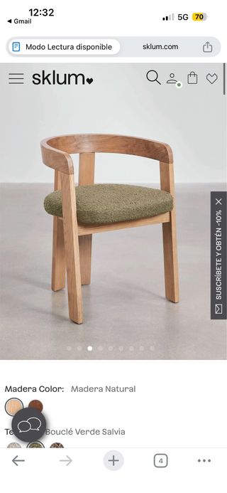 4 Sillas Madera Natural Bouclé Verde Salvia