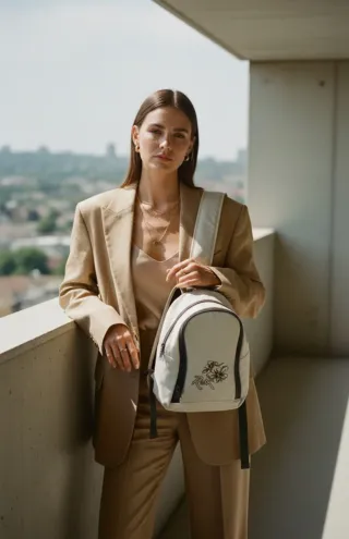 Mochila pequeña de color blanco roto con flores