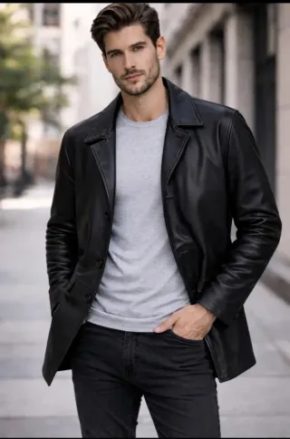 Chaqueta de Piel Negra Hombre