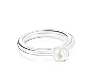 Anillo TOUS de plata y perla. Logo del oso