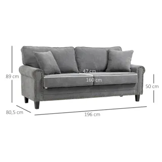 Sofá 3 Plazas Gris con Tachuelas