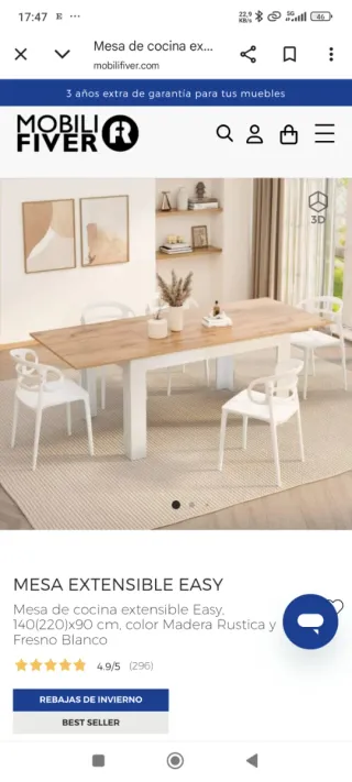 Mesa de cocina extensible madera y blanco