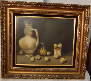 Cuadro antiguo bodegón con jarrón y nueces