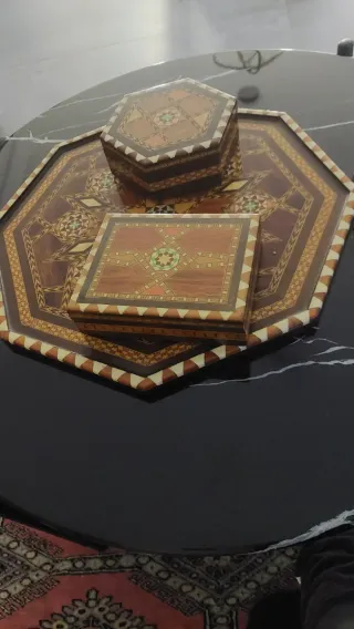 Bandeja y 2 cajas madera artesanal tipo mar