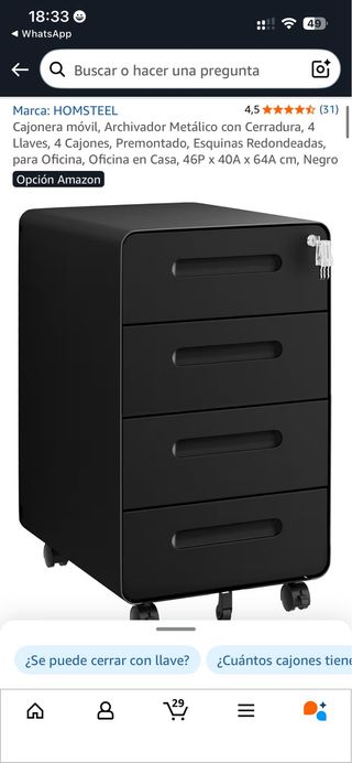 Cajonera Archivador Metálico Negra con Cerradura