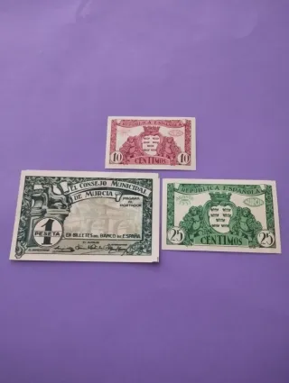 Billetes antiguos españoles 1, 10 y 25 céntimos