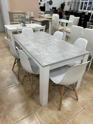 MESA DE COMEDOR DE MADERA GRIS + 6 SILLAS NORDICAS