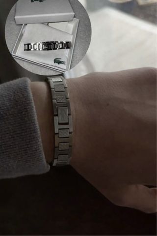 Pulsera Lacoste Plata y Negra Caja,bolsa y pulsera