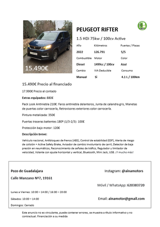 💙 Peugeot Rifter Active 2022 100CV IVA DEDUCIBLE