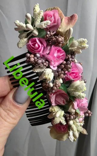Peineta Huertana Flores Rosas y Blancas