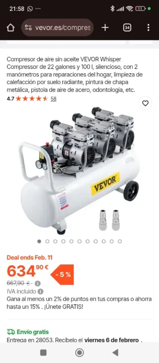 Compresor de aire VEVOR Whisper 100L