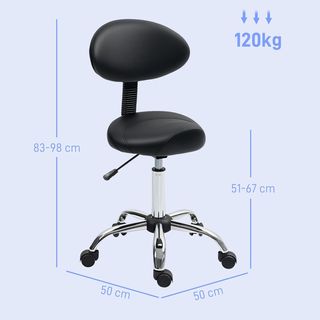 Taburete con Ruedas y Respaldo Ajustable en Altura, Taburete de Esteticista Giratorio 360° en Cuero Sintético, Silla de Silla para Maquillaje, Salón y Peluquería, Negro
