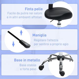 Taburete con Ruedas y Respaldo Ajustable en Altura, Taburete de Esteticista Giratorio 360° en Cuero Sintético, Silla de Silla para Maquillaje, Salón y Peluquería, Negro