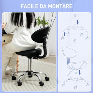 Taburete con Ruedas y Respaldo Ajustable en Altura, Taburete de Esteticista Giratorio 360° en Cuero Sintético, Silla de Silla para Maquillaje, Salón y Peluquería, Negro