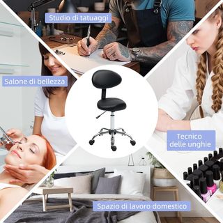 Taburete con Ruedas y Respaldo Ajustable en Altura, Taburete de Esteticista Giratorio 360° en Cuero Sintético, Silla de Silla para Maquillaje, Salón y Peluquería, Negro