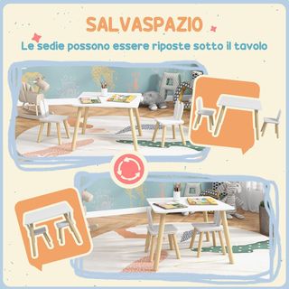 Set tavolo e 2 sedie per bambini 3-6 anni, tavolo per bambini e sedie con schienale a forma di orecchie di coniglio, bianco