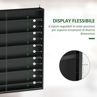 Vetrina espositiva a parete con 6 ripiani regolabili, vetrinetta per collezionismo, espositore a parete per oggetti da collezione, in vetro e truciolato, 80X9.5X83 cm, nero
