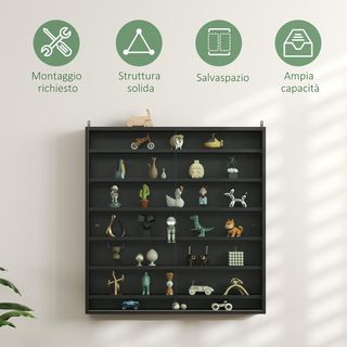 Vetrina espositiva a parete con 6 ripiani regolabili, vetrinetta per collezionismo, espositore a parete per oggetti da collezione, in vetro e truciolato, 80X9.5X83 cm, nero