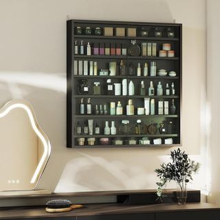 Vetrina espositiva a parete con 6 ripiani regolabili, vetrinetta per collezionismo, espositore a parete per oggetti da collezione, in vetro e truciolato, 80X9.5X83 cm, nero