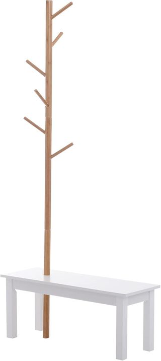 Banco Con Perchero De Entrada, Perchero De Suelo En Bambú, Banco De Entrada Blanco, Diseño, También Para Dormitorio, 80X30X180Cm, Blanco Madera
