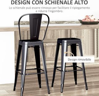 Set di 2 Sgabelli da Cucina Industriali con Schienale Rimovibile e Poggiapiedi, Sgabelli Moderni in Metallo, 44X46X116 Cm, Nero