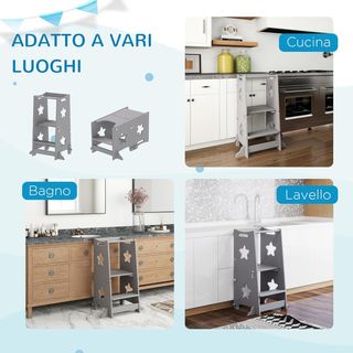 Torre Montessori para Niños Convertible en Juego de Mesa y Sillas con Barra de Seguridad, Taburete para Niños de 3 a 6 Años en Madera, Torre de Aprendizaje para Baño, Cocina y Aseo, Gris