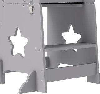Torre Montessori para Niños Convertible en Juego de Mesa y Sillas con Barra de Seguridad, Taburete para Niños de 3 a 6 Años en Madera, Torre de Aprendizaje para Baño, Cocina y Aseo, Gris