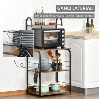 Mobile per microonde con 4 ripiani e 4 ganci, mobile da cucina in acciaio e legno 60X40X125Cm, Marrone Rustico