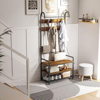 Perchero De Entrada Con Barra, 10 Ganchos Móviles, Banco Y Zapatero De 2 Niveles, Mueble Perchero De Aglomerado Y Metal, Diseño Industrial, 80X40X182 Cm, Marrón Y Negro