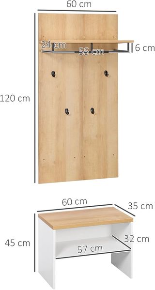 Mobile ingresso con scarpiera, panca e appendiabiti a 4 ganci, in truciolato e acciaio, 60x28x120 cm