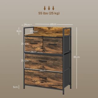 Cómoda 4 Cajones Extraíbles, Plegables y Superficie de Apoyo con Diseño Industrial, Mueble Cómoda en Tela No Tejida, MDF y Acero, 60X29X85 Cm, Marrón y Negro