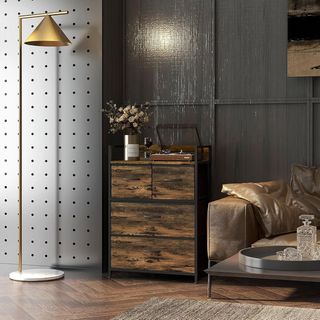 Cómoda 4 Cajones Extraíbles, Plegables y Superficie de Apoyo con Diseño Industrial, Mueble Cómoda en Tela No Tejida, MDF y Acero, 60X29X85 Cm, Marrón y Negro