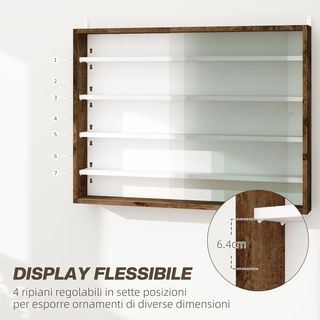 Vitrina Expositora De Pared con 4 Estantes Regulables, Vitrina para Coleccionismo, Exhibidor de Pared para Objetos de Colección, en Vidrio y Aglomerado, 80X9.5X60 Cm, Marrón