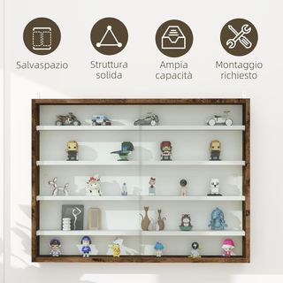 Vitrina Expositora De Pared con 4 Estantes Regulables, Vitrina para Coleccionismo, Exhibidor de Pared para Objetos de Colección, en Vidrio y Aglomerado, 80X9.5X60 Cm, Marrón