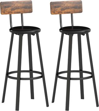 Set di 2 Sgabelli da Bar con Schienale, Sgabelli da Cucina in Similpelle con Poggiapiedi, Sedie da Bar Alte Stile Industriale per Soggiorno, Sala da Pranzo, Cucina, Marrone Rustico