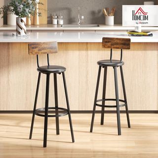 Set di 2 Sgabelli da Bar con Schienale, Sgabelli da Cucina in Similpelle con Poggiapiedi, Sedie da Bar Alte Stile Industriale per Soggiorno, Sala da Pranzo, Cucina, Marrone Rustico