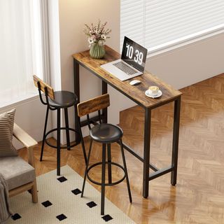 Set di 2 Sgabelli da Bar con Schienale, Sgabelli da Cucina in Similpelle con Poggiapiedi, Sedie da Bar Alte Stile Industriale per Soggiorno, Sala da Pranzo, Cucina, Marrone Rustico