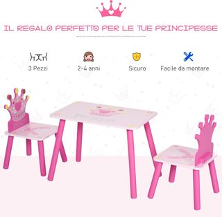 Conjunto de Mesa y 2 Sillas con Tema de Princesas para Habitación Infantil en Madera Rosa con Respaldo en Forma de Corona