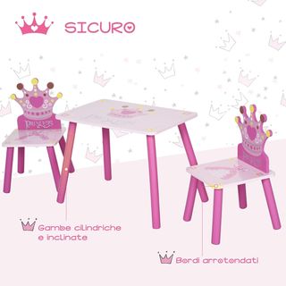 Conjunto de Mesa y 2 Sillas con Tema de Princesas para Habitación Infantil en Madera Rosa con Respaldo en Forma de Corona