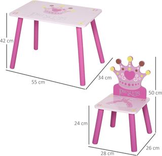 Conjunto de Mesa y 2 Sillas con Tema de Princesas para Habitación Infantil en Madera Rosa con Respaldo en Forma de Corona
